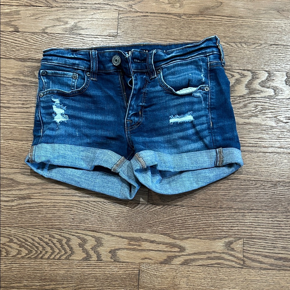 American Eagle Outfitters Distressed Rolled Hem Denim Shorts - Dark Blue